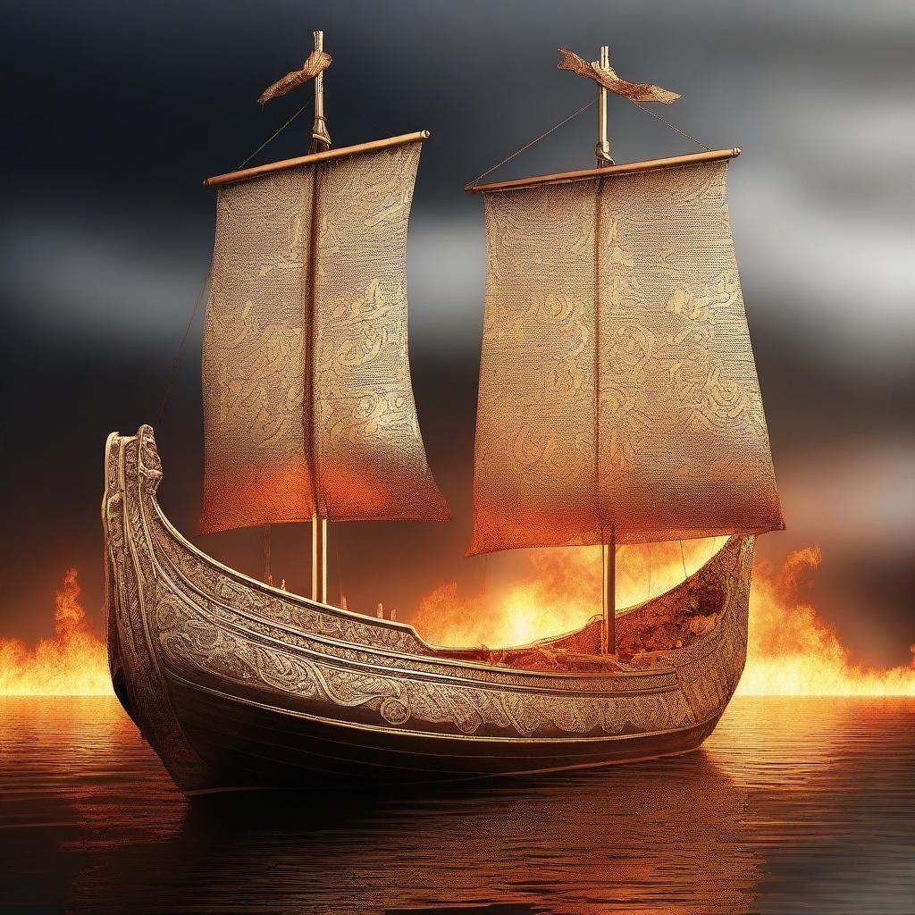 A solid gold Viking longboat surrounded by fire