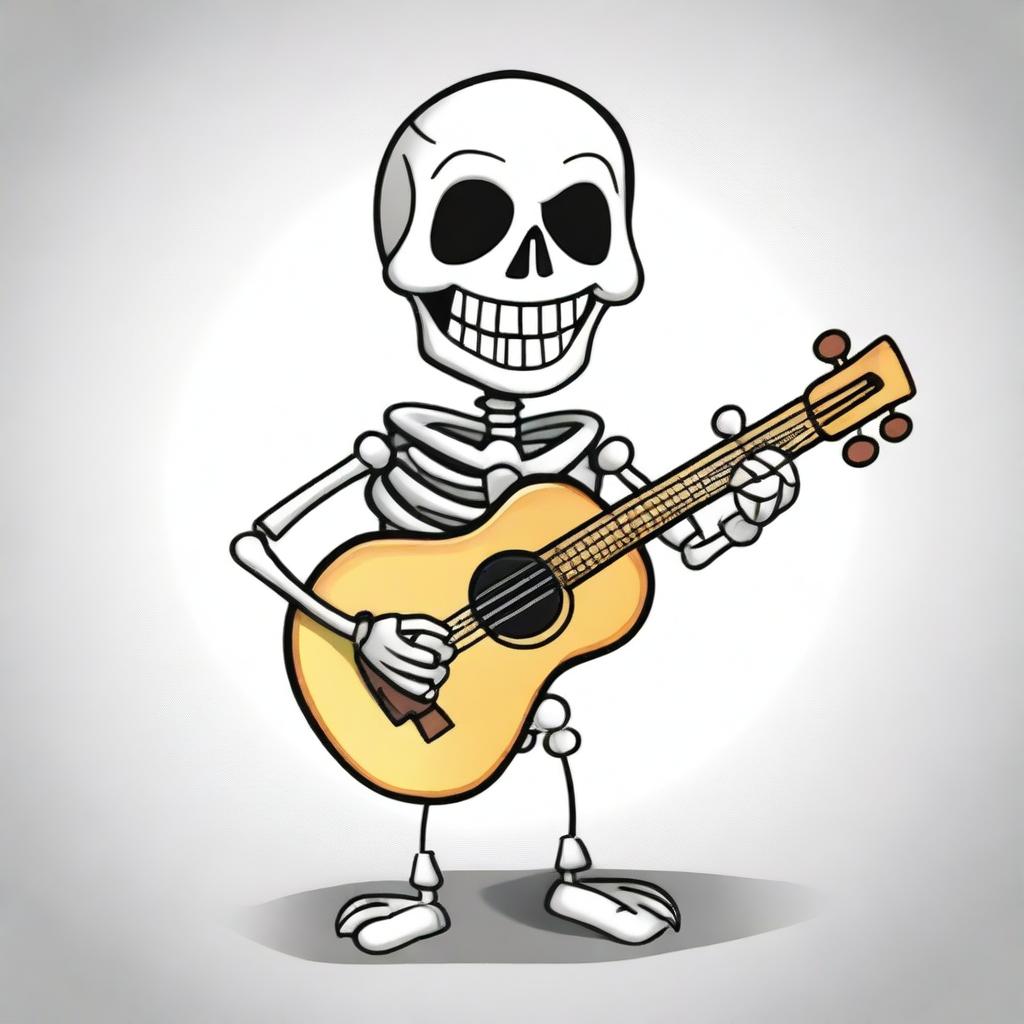 A cartoony happy skeleton wearing sunglasses, playing a lute