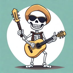 A cartoony happy skeleton wearing sunglasses, playing a lute