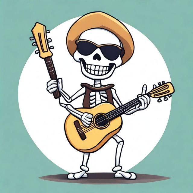 A cartoony happy skeleton wearing sunglasses, playing a lute