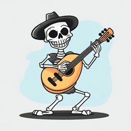 A cartoony happy skeleton wearing sunglasses, playing a lute