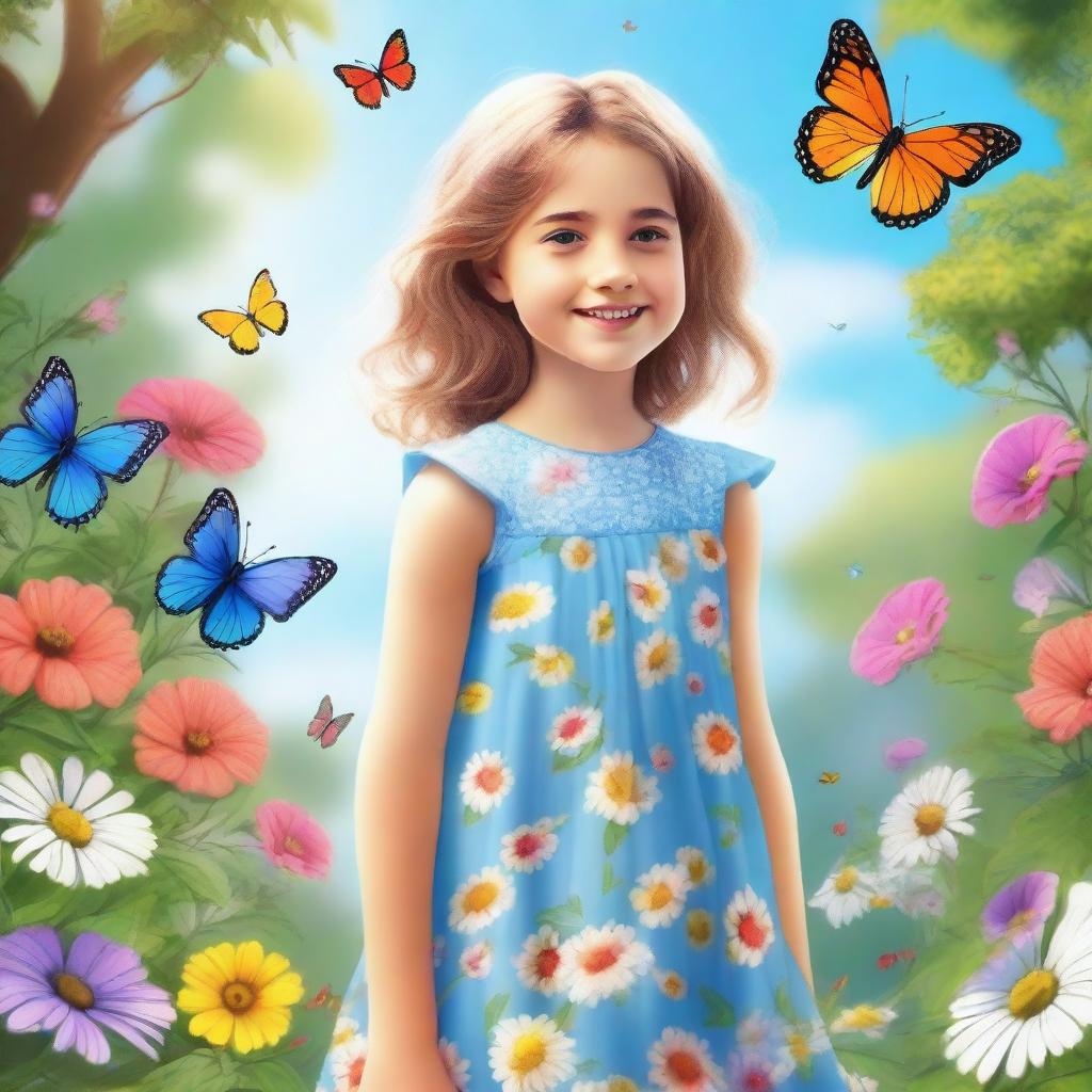 A young girl standing in a beautiful garden, surrounded by colorful flowers and butterflies