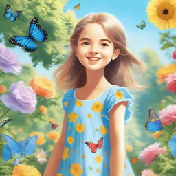 A young girl standing in a beautiful garden, surrounded by colorful flowers and butterflies