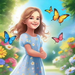 A young girl standing in a beautiful garden, surrounded by colorful flowers and butterflies