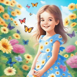 A young girl standing in a beautiful garden, surrounded by colorful flowers and butterflies