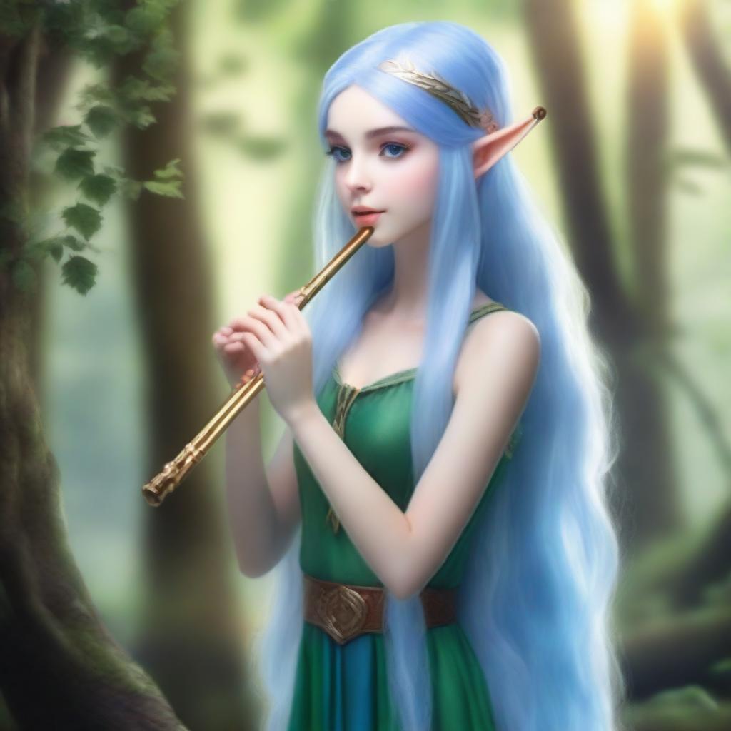 A beautiful female elf with long blue hair playing a flute