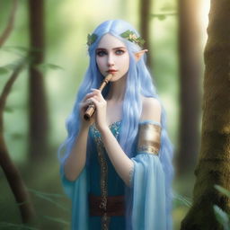 A beautiful female elf with long blue hair playing a flute