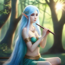 A beautiful female elf with long blue hair playing a flute