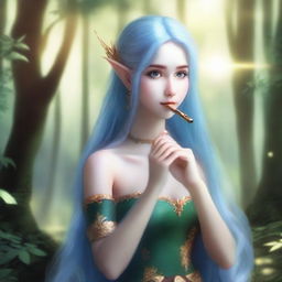 A beautiful female elf with long blue hair playing a flute