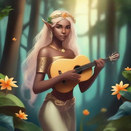 A beautiful elf woman with golden hair and brown skin, holding a lyre in her hands