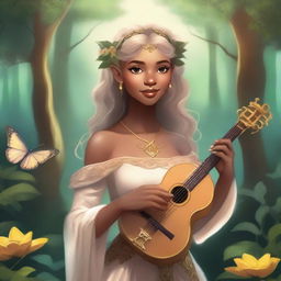 A beautiful elf woman with golden hair and brown skin, holding a lyre in her hands