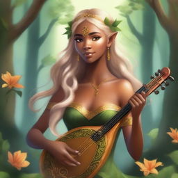 A beautiful elf woman with golden hair and brown skin, holding a lyre in her hands