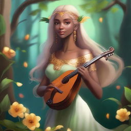 A beautiful elf woman with golden hair and brown skin, holding a lyre in her hands