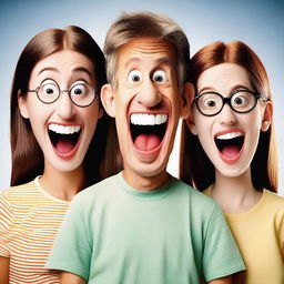 Create an image featuring three people standing together, each with a silly or goofy expression