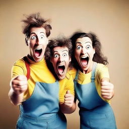 Create an image featuring three people standing together, each with a silly or goofy expression