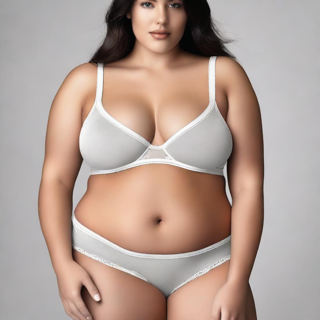 A sexy girl with a voluptuous figure wearing Calvin Klein underwear, posing confidently