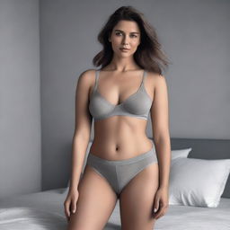 A seductive, half-naked woman with a voluptuous figure wearing Calvin Klein brand gray underwear