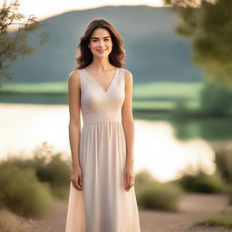 A beautiful woman with elegant features, wearing a stylish dress, standing in a picturesque setting with a gentle smile