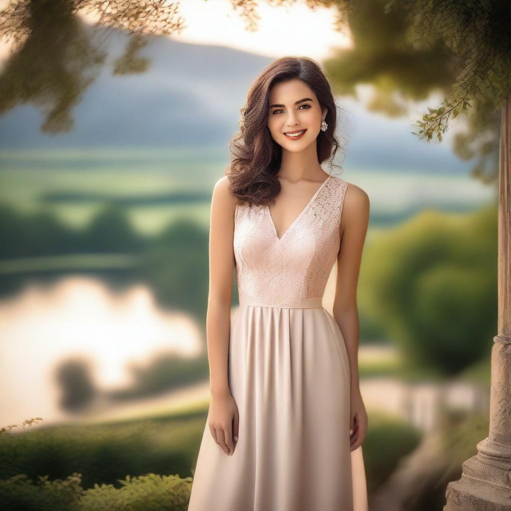 A beautiful woman with elegant features, wearing a stylish dress, standing in a picturesque setting with a gentle smile