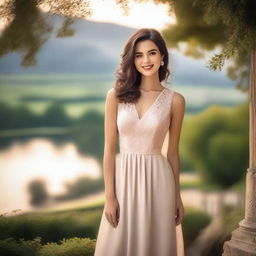 A beautiful woman with elegant features, wearing a stylish dress, standing in a picturesque setting with a gentle smile