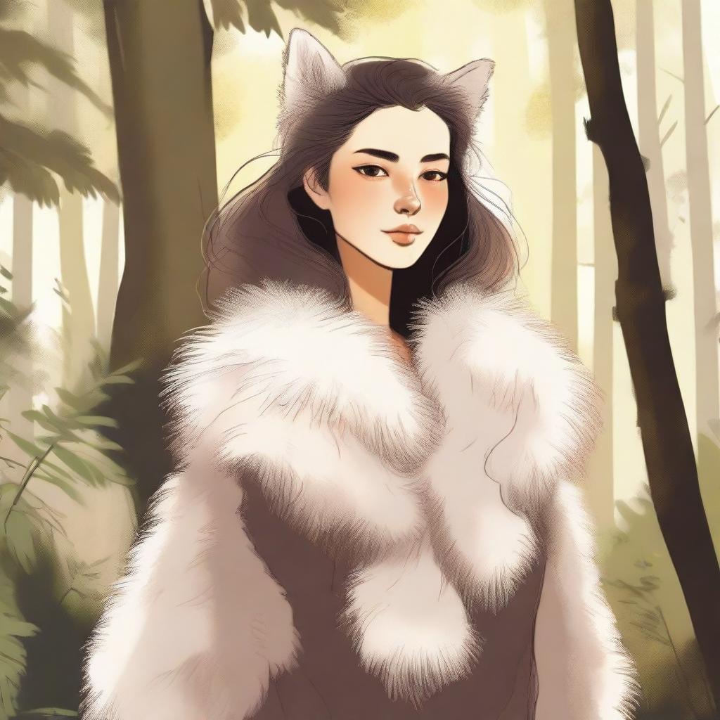 A detailed illustration of a woman with fur features, including fur covering her body and animal-like characteristics