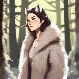 A detailed illustration of a woman with fur features, including fur covering her body and animal-like characteristics