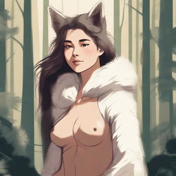 A detailed illustration of a woman with fur features, including fur covering her body and animal-like characteristics