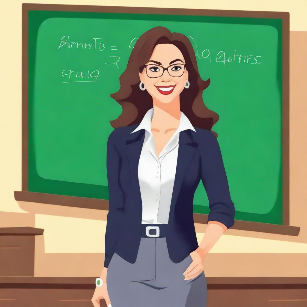 A stylish and attractive teacher in a professional yet slightly suggestive outfit, standing in a classroom setting with a chalkboard behind her