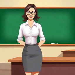 A stylish and attractive teacher in a professional yet slightly suggestive outfit, standing in a classroom setting with a chalkboard behind her