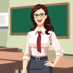 A stylish and attractive teacher in a professional yet slightly suggestive outfit, standing in a classroom setting with a chalkboard behind her