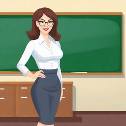 A stylish and attractive teacher in a professional yet slightly suggestive outfit, standing in a classroom setting with a chalkboard behind her