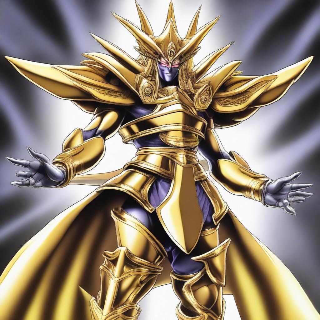 Create a detailed image of Eldlich the Golden Lord from Yu-Gi-Oh! The character should be depicted in an epic pose, with golden armor and a dark, mysterious background