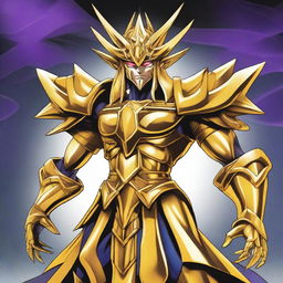 Create a detailed image of Eldlich the Golden Lord from Yu-Gi-Oh! The character should be depicted in an epic pose, with golden armor and a dark, mysterious background