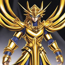 Create a detailed image of Eldlich the Golden Lord from Yu-Gi-Oh! The character should be depicted in an epic pose, with golden armor and a dark, mysterious background