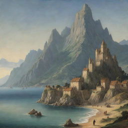 A medieval art style landscape showcasing a towering mountain in the background and a picturesque sea at one side, with an explicit absence of buildings.