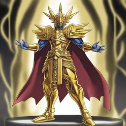 Create a detailed image of Eldlich the Golden Lord from Yu-Gi-Oh! The character should be depicted in an epic pose, with golden armor and a dark, mysterious background