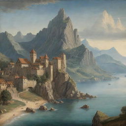 A medieval art style landscape showcasing a towering mountain in the background and a picturesque sea at one side, with an explicit absence of buildings.