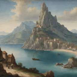 A medieval art style landscape showcasing a towering mountain in the background and a picturesque sea at one side, with an explicit absence of buildings.