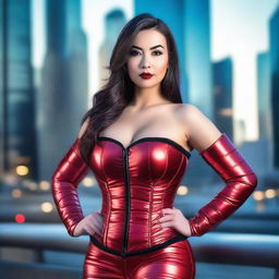 A beautiful woman wearing a tight red shiny puffer corset, posing seductively in a bustling city setting