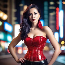 A beautiful woman wearing a tight red shiny puffer corset, posing seductively in a bustling city setting