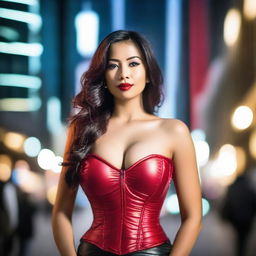 A beautiful woman wearing a tight red shiny puffer corset, posing seductively in a bustling city setting