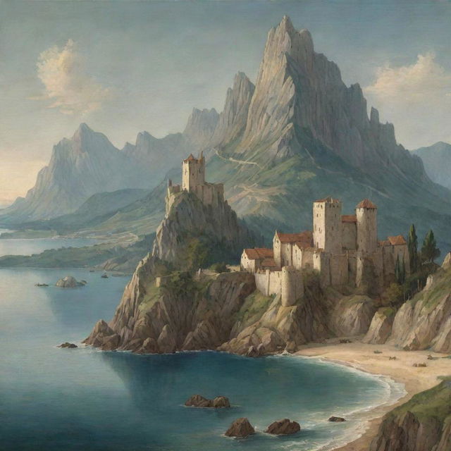 A medieval art style landscape showcasing a towering mountain in the background and a picturesque sea at one side, with an explicit absence of buildings.