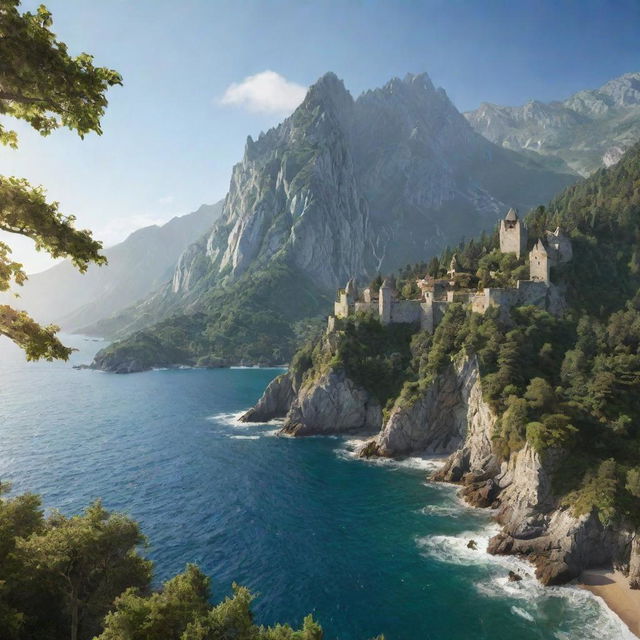 A medieval-style natural landscape featuring a towering mountain backdrop, a forest of lush trees, and a sprawling sea off to one side, all under the bright sunlight of a clear day