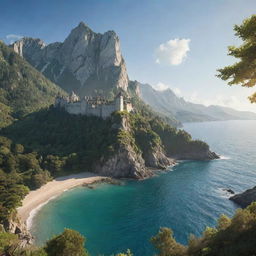 A medieval-style natural landscape featuring a towering mountain backdrop, a forest of lush trees, and a sprawling sea off to one side, all under the bright sunlight of a clear day