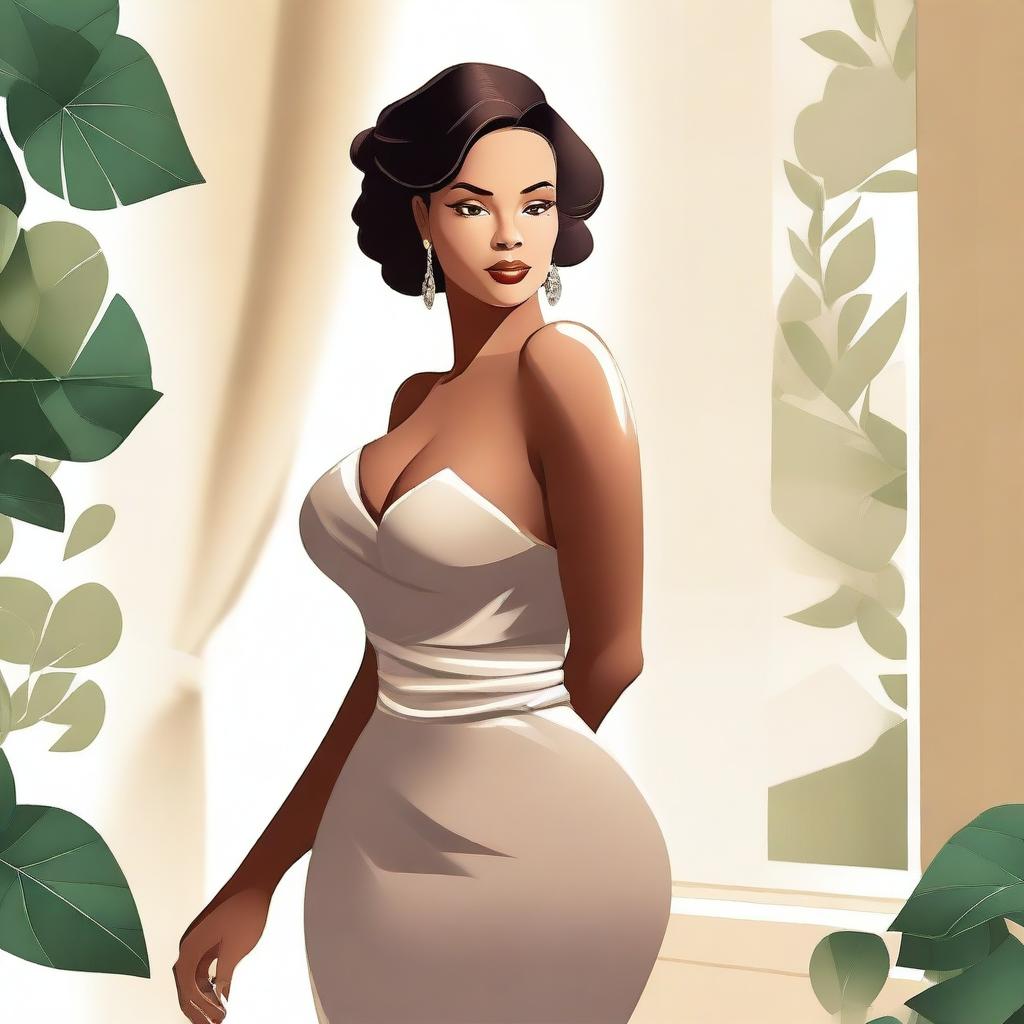 A tasteful and elegant illustration of a confident woman with a voluptuous figure