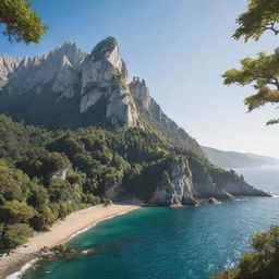 A medieval-style natural landscape featuring a towering mountain backdrop, a forest of lush trees, and a sprawling sea off to one side, all under the bright sunlight of a clear day