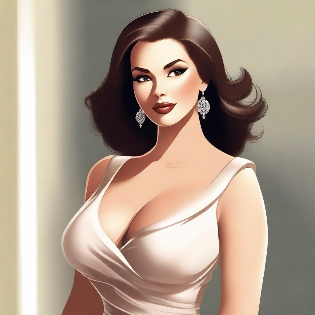 A tasteful and elegant illustration of a confident woman with a voluptuous figure