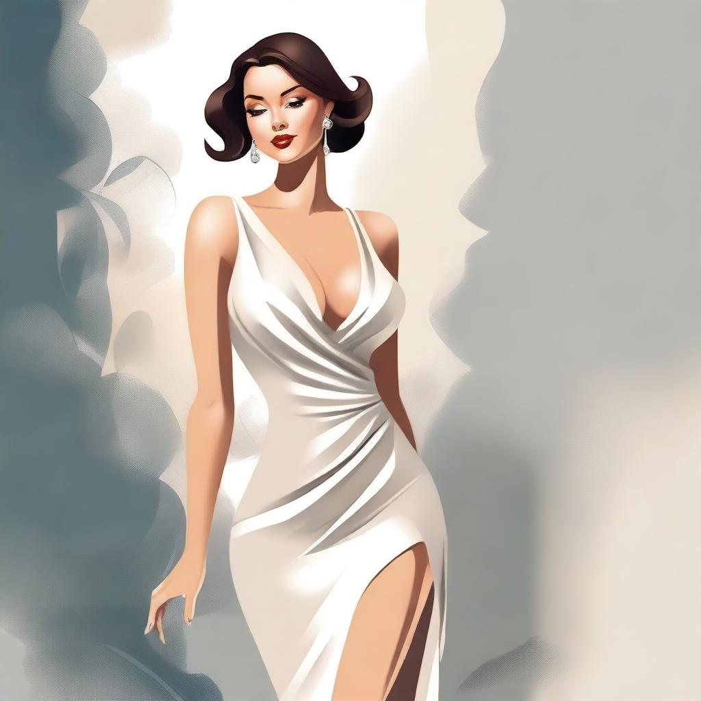 A tasteful and elegant illustration of a confident woman with a voluptuous figure