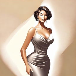 A tasteful and elegant illustration of a confident woman with a voluptuous figure