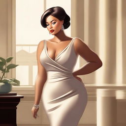 A tasteful and elegant illustration of a confident woman with a voluptuous figure